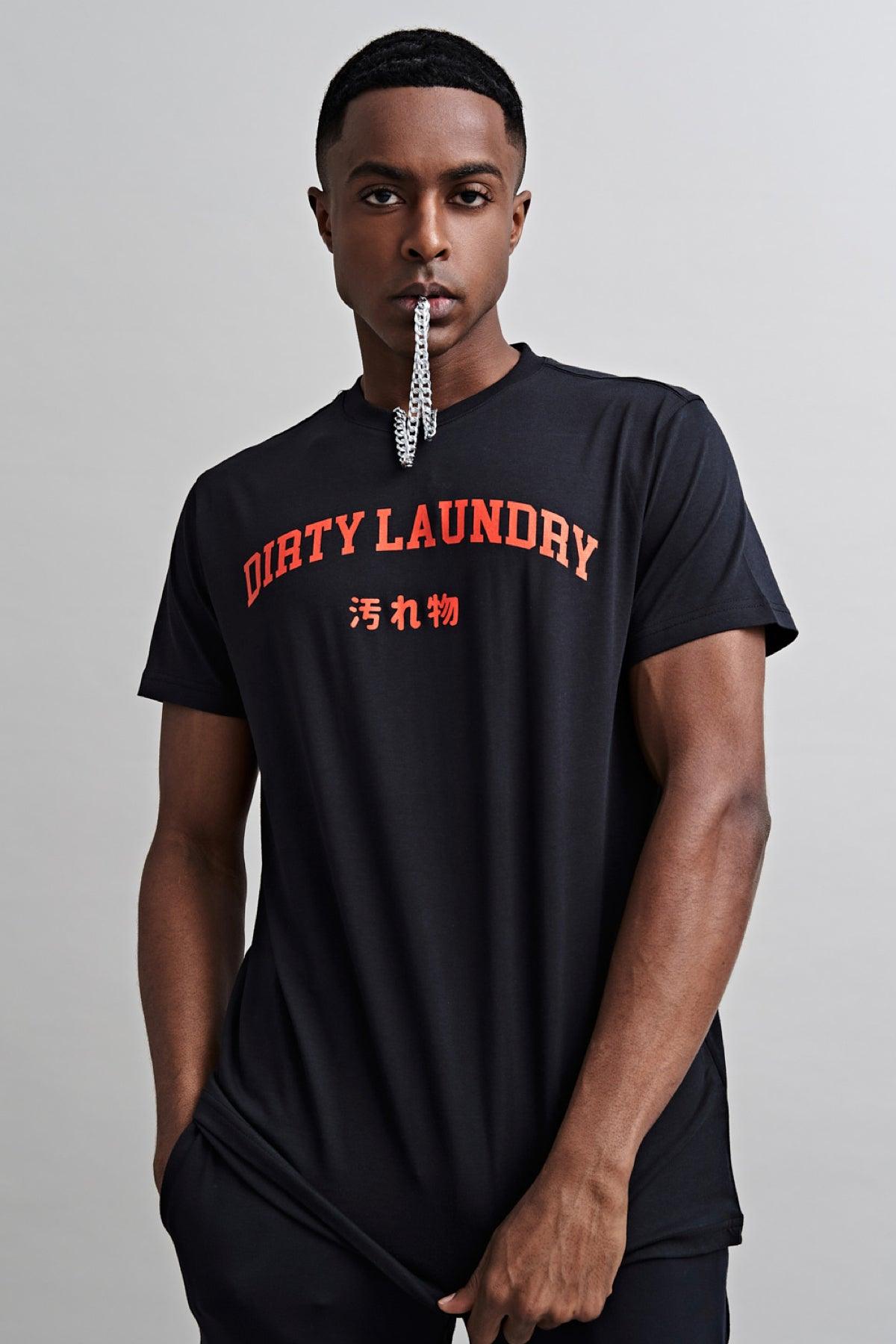 Dirty Laundry Stamped with Japanese Translation Supima Cotton T-shirt Semi-Fitted Black Front 
